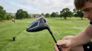 Close-up photorealistic shot of a high-loft driver designed for left-handed beginner golfers, with the 12-degree loft visible, being held on a grassy tee box of a British parkland course.