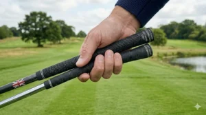 Detailed view of the grip and shaft of a left-handed golf club, highlighting ergonomic design.