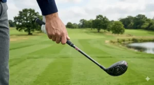 A versatile left-handed hybrid golf club leaning against a professional golf bag.