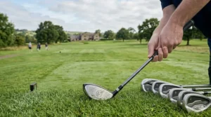A photorealistic close-up of a high-loft, left-handed hybrid rescue golf club with a wide-sole design, resting in a fairway on a British parkland course.
