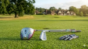 Left-handed junior golf clubs laid out on a green, showing the mirrored clubhead design.