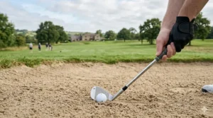 A photorealistic close-up photograph of a left-handed sand wedge with a 56-degree loft and wide sole, addressing a white golf ball in a bunker on a British parkland course.