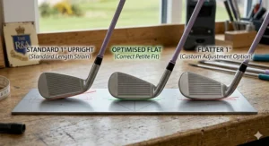 A technical side-by-side close-up showing how correctly sized petite golf clubs feature a flatter lie angle to ensure full sole contact with the turf at impact for shorter women.