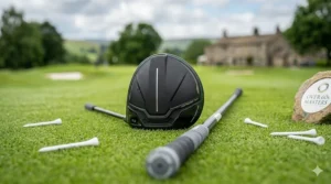 A high-angle, top-down view of a modern, lightweight senior-flex driver with a distinctive matte black crown and graphite shaft, resting ready on the short-cut grass of a tee box on a UK golf course.