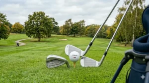 A photorealistic illustration of lightweight graphite shafts on a set of high handicap clubs, designed to help increase swing speed for the UK amateur golfer.