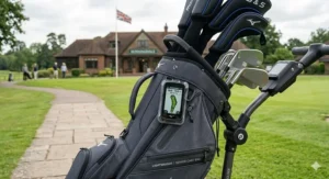 A detailed 3/4 view photograph captures a lightweight charcoal grey Mizuno senior golf cart bag securely fastened to a high-end electric trolley, standing on a paved pathway at Sunningdale Golf Club. A digital golf GPS device is prominently attached to an integrated dedicated pocket and screen on the bag, displaying accurate yardage information, with the clubhouse and Union Jack flag under natural daylight in the soft-focused background.