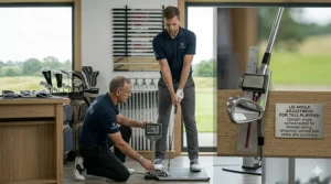 A high-specification driver with an extra-long stiff shaft designed for a tall male golfer on a display stand.