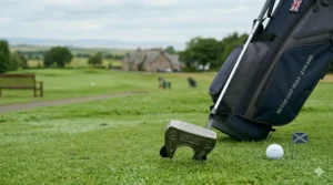 A photorealistic close-up of a modern mallet putter resting on a pristine green, showing detailed milling and subtle British branding, illuminated by natural, diffused UK daylight.