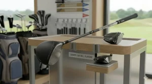 A professional fitter measuring the wrist-to-floor height of a tall golfer to determine the correct club length.