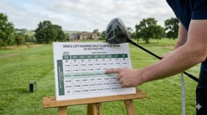 A photorealistic image showing a detailed men's left-handed golf club size guide chart set up on a British course, displaying height and wrist-to-floor measurements.