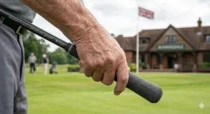 A detailed eye-level photograph captures a weathered, elderly male golfer with weathered hands comfortably gripping a specialized, thick, soft-texture oversized arthritic golf grip (charcoal grey) installed on a senior golf club. The distinct Sunningdale clubhouse with the Union Jack flag and other golfers are softly blurred under natural daylight in the background, emphasizing the connection of comfort and control.