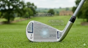 Technical diagram of a senior lady’s 7-iron showing periphery weighting and an optimised sweet spot for maximum forgiveness and ball speed.