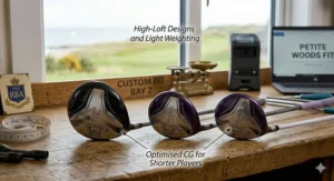 A photorealistic technical close-up showing a ladies' petite driver and fairway woods with 'Petite Fit' badging, featuring arrows pointing to high-loft designs and weights optimised for shorter players.