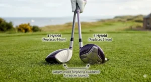 A photorealistic technical close-up showing a ladies' petite 4-hybrid and 5-hybrid golf club; labels explain how the larger, more forgiving clubhead allows shorter women to achieve an easier launch.