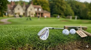 A chrome-finish sand wedge with a budget tag, resting in a grass bunker at a traditional British golf course.