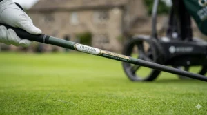 Close-up shot of the detailed label on a modern graphite golf club shaft designed for over 60s players, explicitly highlighting the 'SENIOR FLEX' specification and graphite weave pattern.