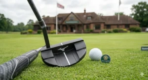 A photorealistic detailed close-up captures a dark grey, high-MOI mallet putter (from image_0.png set) with an oversized black and grey patterned polymer 'SENIOR FLEX' grip, resting on the fine green grass at Sunningdale. The T-shaped white alignment aid on the putter head is perfectly centered behind a small white golf ball and a custom Sunningdale green-branded ball marker, under natural, soft British daylight, with the clubhouse visible in the background.