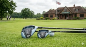 A precise close-up photograph displays two light blue and black Mizuno senior-flex hybrid clubs, labeled H4 and H5, resting side-by-side on a perfectly manicured green. A small white golf ball is positioned just in front of the clubheads, with the distinctive Sunningdale clubhouse visible under natural, overcast light in the soft-focused background.