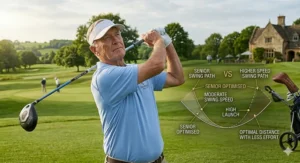 A senior golfer on a British tee box with a technical overlay showing high MOI and optimal swing speed technology.