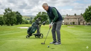A British senior man, similar to the golfer in the hero image, crouched and focused as he addresses a putt with a modern high-MOI mallet putter on a manicured green, with his bag and trolley in the background.