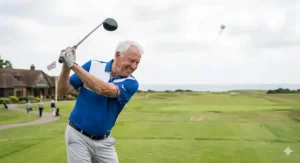 A photorealistic, low-angle photograph captures an elderly male golfer with white hair and a genuine smile of achievement, just completing a powerful swing with a Mizuno senior-flex graphite driver on a breezy tee box at Sunningdale. He is looking down a wide, undulating fairway that leads towards the sea, while a golf ball is visible high in the air as a streak, with the iconic clubhouse and Union Jack flag softly blurred under dynamic, overcast natural British daylight in the background.