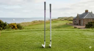Side-by-side photo comparison of two graphite ladies' 7-irons, demonstrating a standard club length next to a shorter, custom-fit 'PETITE FIT' club for shorter women.