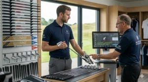 A tall man demonstrating correct upright posture with long-reach golf clubs on a British course.