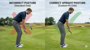 A tall golfer completing a comfortable upright swing on a British golf course using clubs with the correct reach.