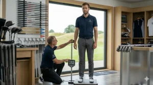 A set of oversized irons specifically engineered for tall men featuring extended shafts and adjusted lie angles.