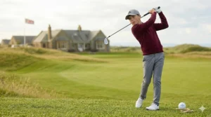 A teenage boy demonstrating a proper golf swing with a mid-iron at a UK driving range.