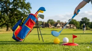 Lightweight plastic junior golf clubs designed for toddlers and young children starting the game.