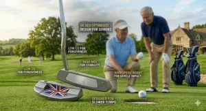 A high-stability mallet putter with a Union Jack design sitting on a perfectly manicured British putting green.