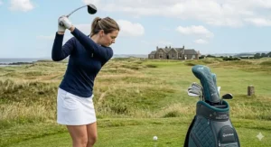 A female golfer in navy and white attire mid-swing with a ladies golf club on an authentic, wind-swept UK links course.