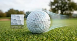 Close-up photorealistic illustration of a premium tour-grade Titleist Pro V1 golf ball featuring a detailed view of its aerodynamic dimple design for reduced drag and increased lift on a manicured British green.