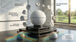 Detailed 3D render of a golf ball's dimple pattern designed to reduce drag and improve accuracy for mid-handicappers.