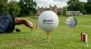 An illustration of a golf ball showing aerodynamic flight stability, designed to maintain a consistent trajectory in breezy British weather conditions.