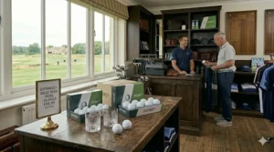 A display of affordable distance golf balls in a British pro shop, offering a budget-friendly alternative to expensive brands.