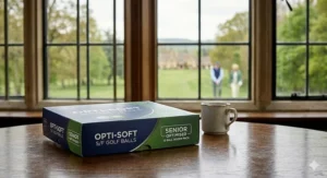Photorealistic 4K close-up of a dozen-pack box labelled Senior Optimised Soft Feel Golf Balls sitting on a polished oak table inside a traditional British clubhouse.