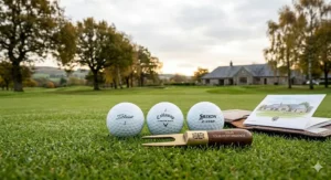 Photorealistic comparison illustration of Titleist, Callaway, and Srixon tour balls on a British green, beside an engraved pitch-mark repair tool and scorecard, highlighting different premium and value options for UK golfers.