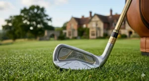 A professional custom-fitting session for luxury golf clubs using advanced launch monitor technology in a premium London studio.