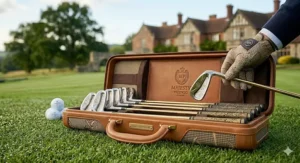 A bespoke leather and tweed presentation case containing a set of luxury golf irons with gold-finished shafts.