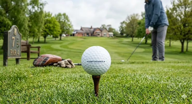 A premium distance golf ball placed on a wooden tee at a British golf course, designed to help golfers with slower swing speeds achieve maximum yardage. distance golf balls for slow swing speed
