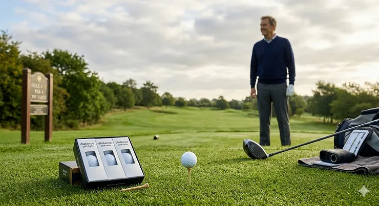 A selection of distance golf balls and a driver on a lush, manicured tee box overlooking a scenic British golf course. distance golf balls