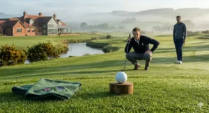 A close-up, photorealistic view of a premium golf ball resting on a wooden tee on a dew-covered British green, as a golfer with a thistle emblem on their jacket prepares a putt during a misty sunrise.