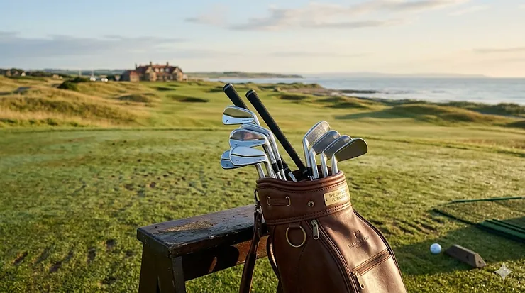 Alt text for image 1: A premium set of golf clubs for low handicap players arranged in a leather tour bag on a British links golf course. golf clubs for low handicap