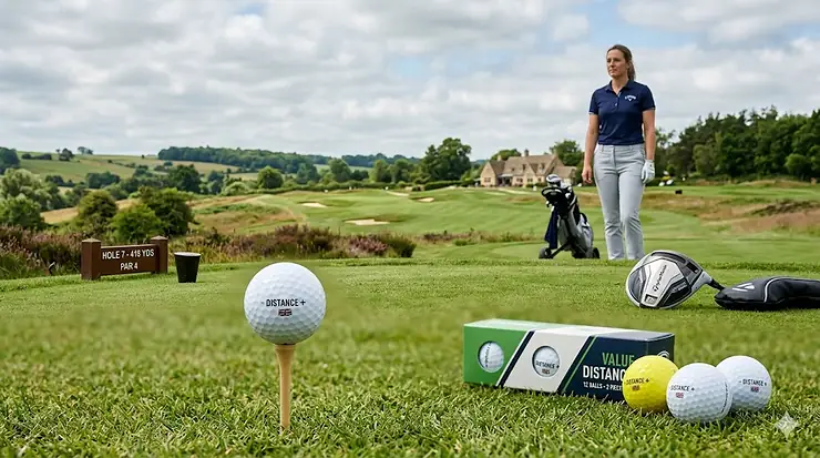 A selection of top-rated value distance golf balls arranged on a lush green fairway at a British golf course, showing multi-pack packaging. value distance golf balls