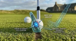 A side-on view of a narrow blade sole designed for crisp turf interaction on firm UK links courses.