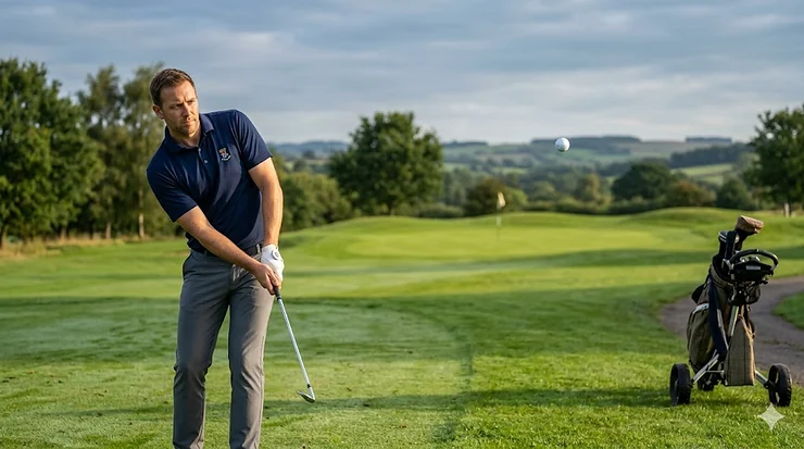 A mid-handicap golfer using a premium control golf ball to hit an approach shot onto a green at a British parkland course. control golf balls for mid handicappers