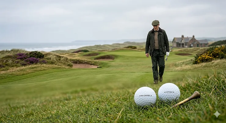 Alt text for image 1: A side-by-side comparison of a soft-feel control golf ball and a high-velocity distance golf ball on a wooden tee. control vs distance golf balls
