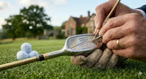 Close-up of a master craftsman performing personalised engravings on a luxury golf club head, highlighting British craftsmanship.